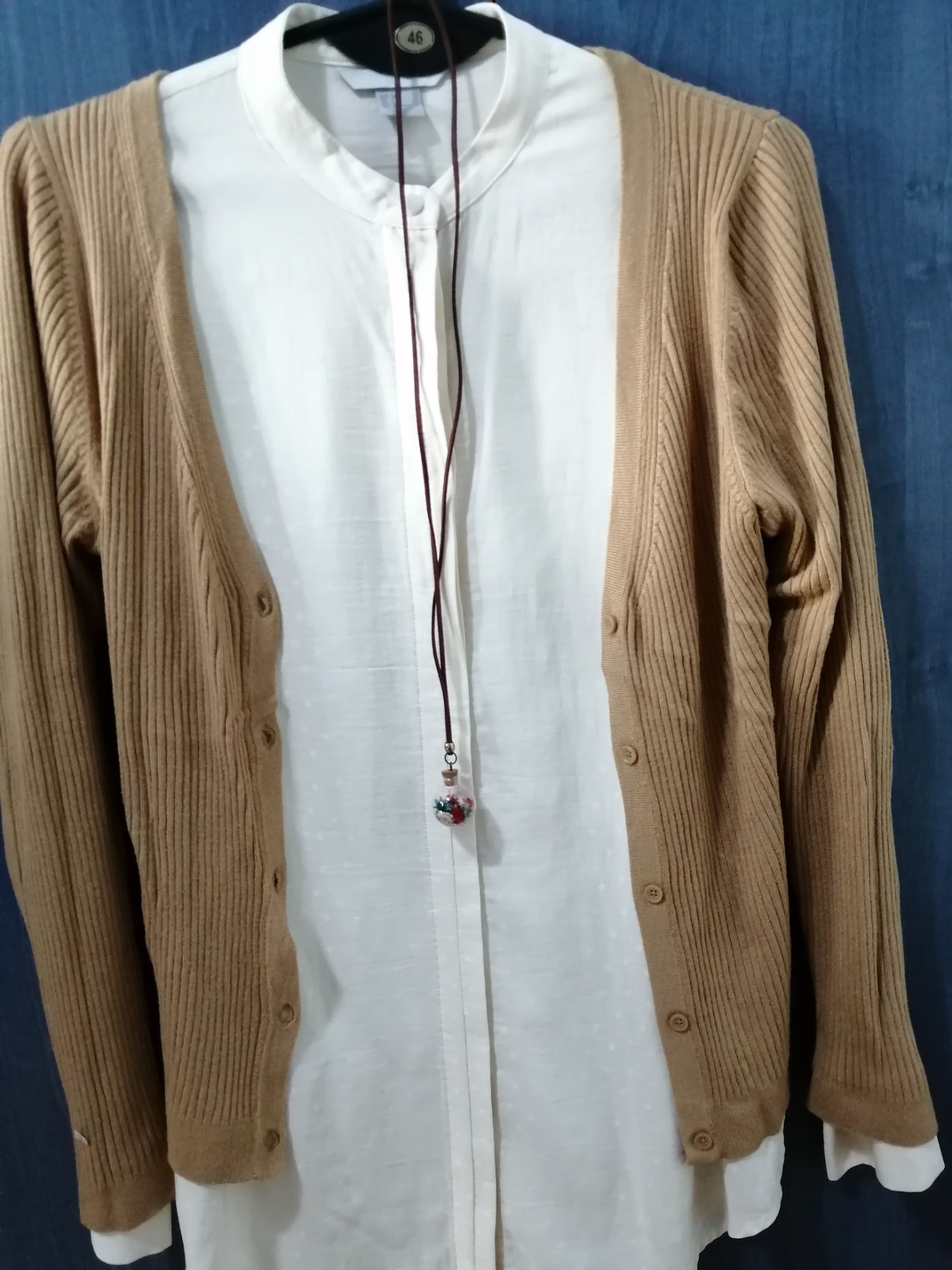 White shirt with a brown cardigan